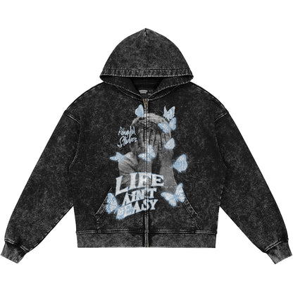Life Ain't Easy (Air Jordan 5 Black Carolina UNC) 440GSM Heavyweight Vintage Snow Wash Zip Up Hoodie