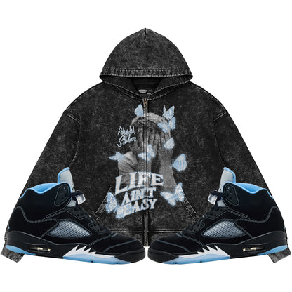 Life Ain't Easy (Air Jordan 5 Black Carolina UNC) 440GSM Heavyweight Vintage Snow Wash Zip Up Hoodie