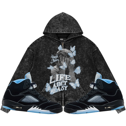 Life Ain't Easy (Air Jordan 5 Black Carolina UNC) 440GSM Heavyweight Vintage Snow Wash Zip Up Hoodie