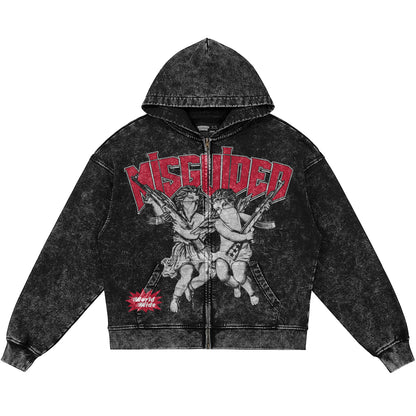 Misguided Angels (Air Jordan 12 Bloodline) 440GSM Heavyweight Vintage Snow Wash Zip Up Hoodie