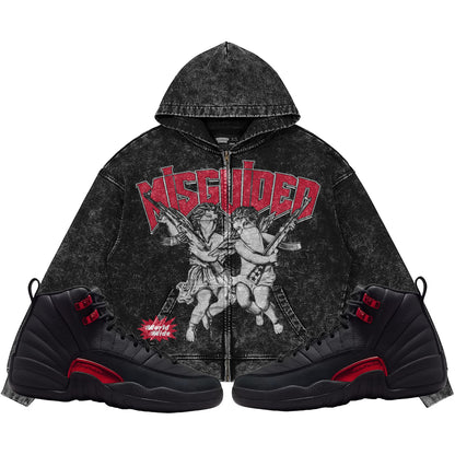Misguided Angels (Air Jordan 12 Bloodline) 440GSM Heavyweight Vintage Snow Wash Zip Up Hoodie