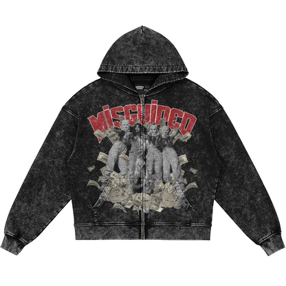 Misguided Girls (Air Jordan 12 Bloodline) 440GSM Heavyweight Vintage Snow Wash Zip Up Hoodie