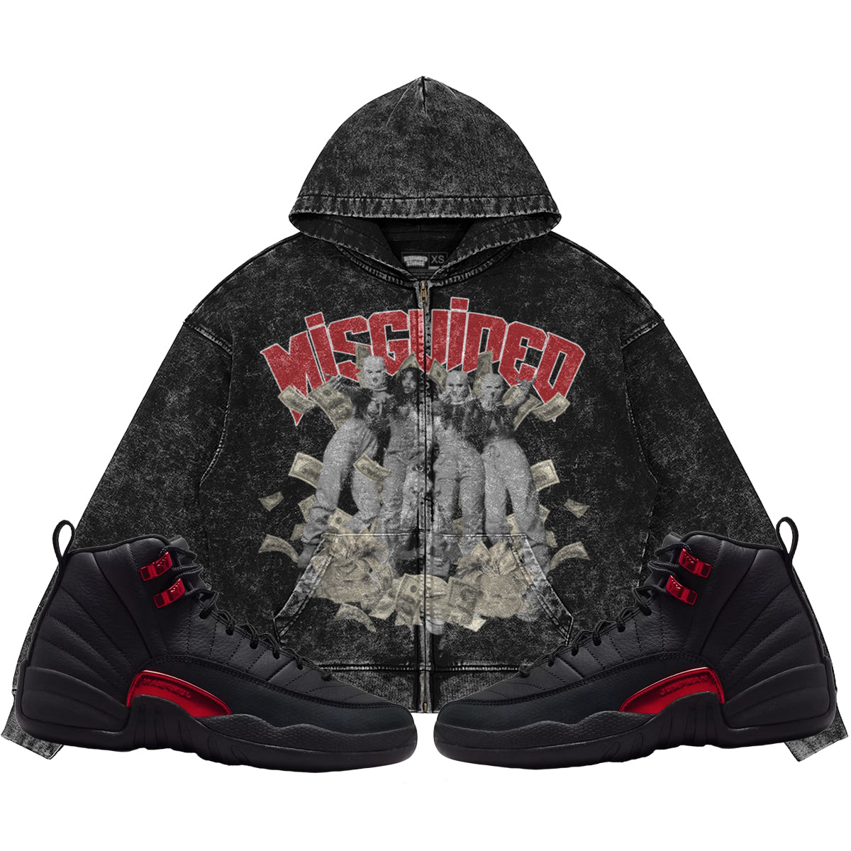 Misguided Girls (Air Jordan 12 Bloodline) 440GSM Heavyweight Vintage Snow Wash Zip Up Hoodie