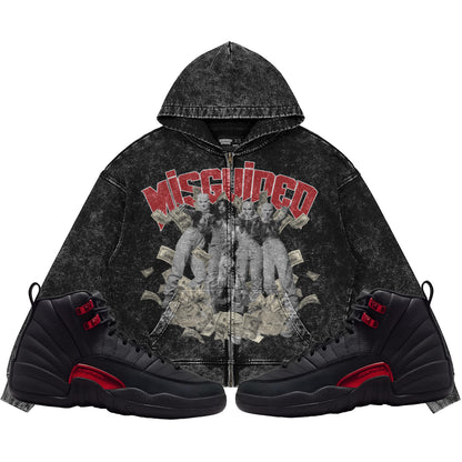 Misguided Girls (Air Jordan 12 Bloodline) 440GSM Heavyweight Vintage Snow Wash Zip Up Hoodie