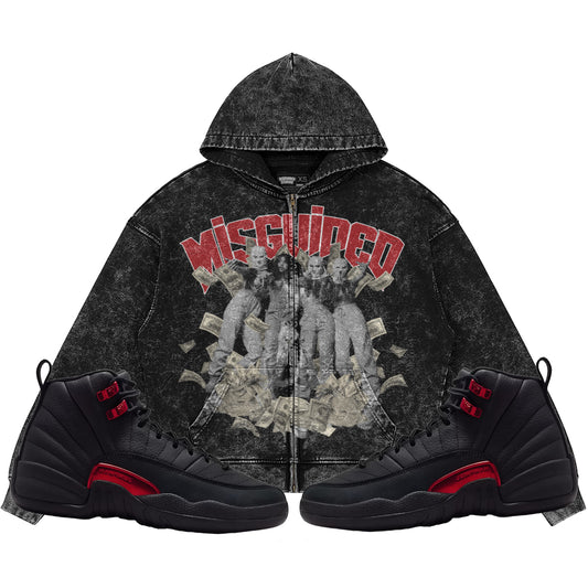Misguided Girls (Air Jordan 12 Bloodline) 440GSM Heavyweight Vintage Snow Wash Zip Up Hoodie