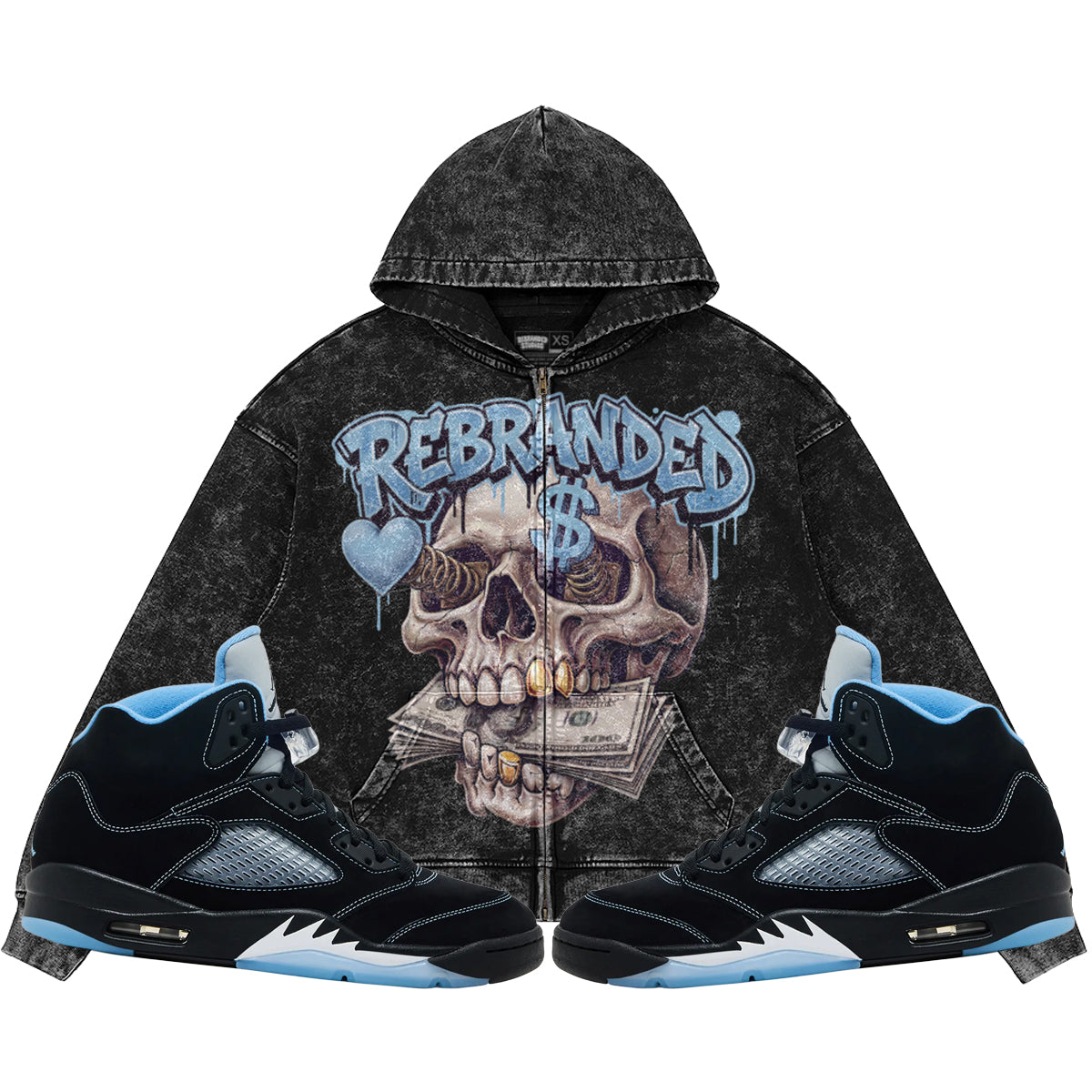 Money Lover (Air Jordan 5 Black Carolina UNC) 440GSM Heavyweight Vintage Snow Wash Zip Up Hoodie
