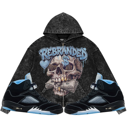 Money Lover (Air Jordan 5 Black Carolina UNC) 440GSM Heavyweight Vintage Snow Wash Zip Up Hoodie
