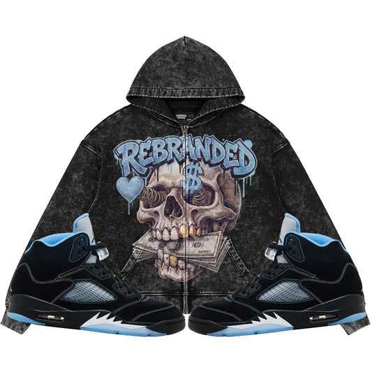 Money Lover (Air Jordan 5 Black Carolina UNC) 440GSM Heavyweight Vintage Snow Wash Zip Up Hoodie