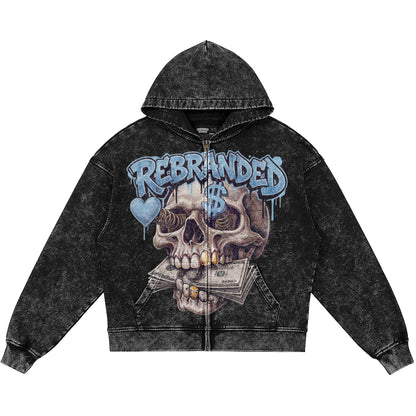 Money Lover (Air Jordan 5 Black Carolina UNC) 440GSM Heavyweight Vintage Snow Wash Zip Up Hoodie