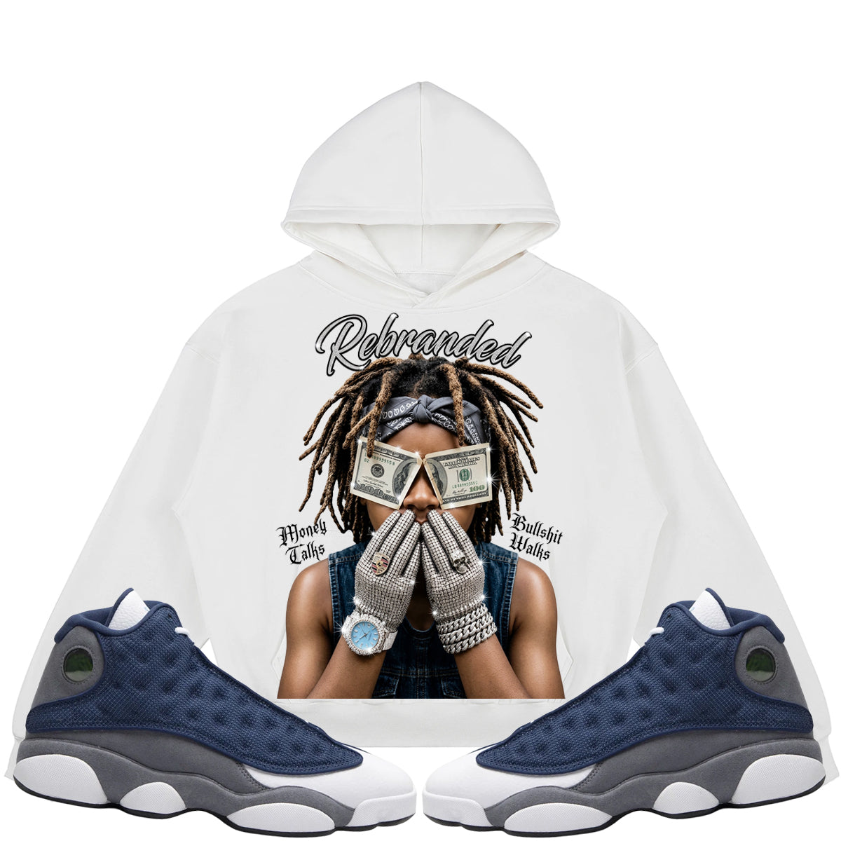 Money Talks Bullshit Walks (Air Jordan 13 Flint) 380GSM Brushed Fleece Relaxed Fit Hoodie