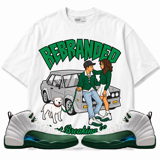 Rebranded Studios Heart Breaking Lover Air Jordan 12 Bucks Graphic T-Shirt — front with sneakers