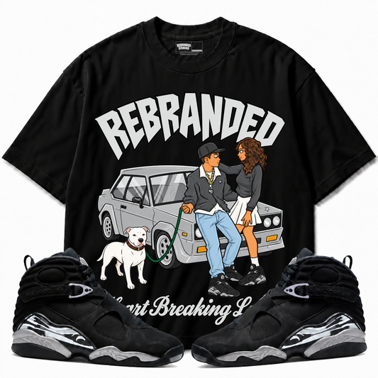Rebranded Studios Heart Breaking Lover Air Jordan 8 Chrome Graphic T-Shirt — front with sneakers