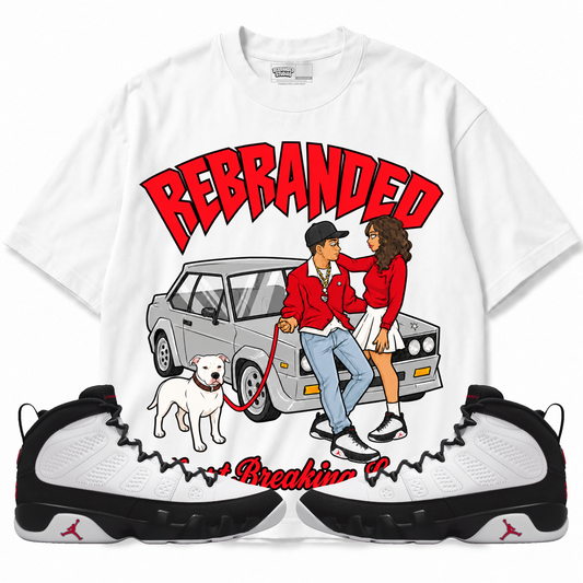 Rebranded Studios Heart Breaking Lover Air Jordan 9 OG Space Jam Graphic T-Shirt — front with sneakers