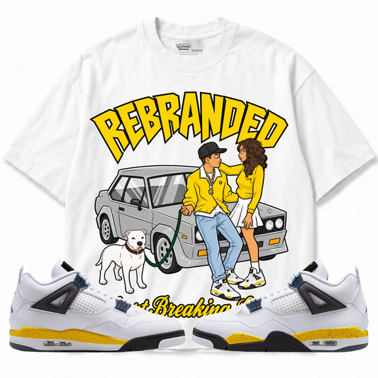Rebranded Studios Heart Breaking Lover Air Jordan 4 Tour Yellow Graphic T-Shirt — front with sneakers