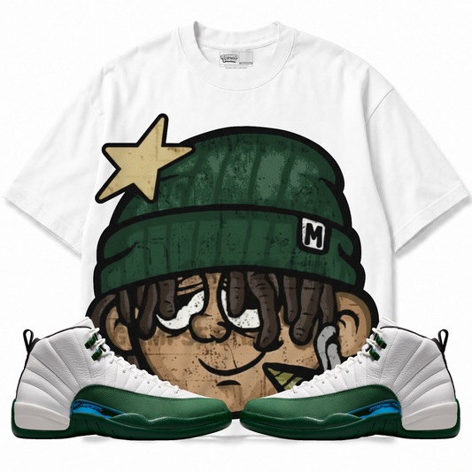 High Hopes Air Jordan 12 Bucks Graphic T-Shirt — white T-shirt front with matching sneakers