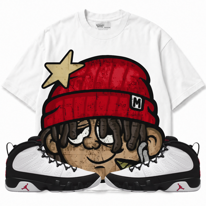 High Hopes Air Jordan 9 OG Space Jam Graphic T-Shirt — white T-shirt front with matching sneakers