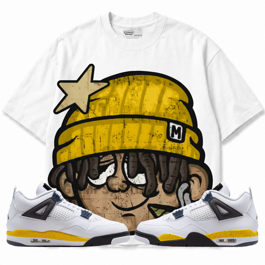 High Hopes Air Jordan 4 Tour Yellow Graphic T-Shirt — white T-shirt front with matching sneakers