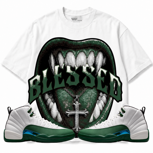 Blessed Air Jordan 12 Bucks Graphic T-Shirt — white T-shirt front with matching sneakers