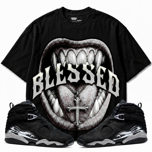 Blessed Air Jordan 8 Chrome Graphic T-Shirt — black T-shirt front with matching sneakers