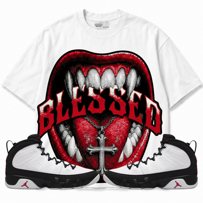 Blessed Air Jordan 9 OG Space Jam Graphic T-Shirt — white T-shirt front with matching sneakers