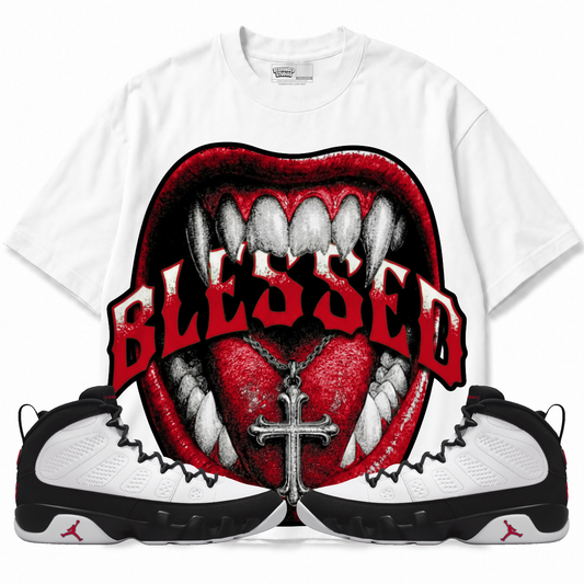 Blessed Air Jordan 9 OG Space Jam Graphic T-Shirt — white T-shirt front with matching sneakers