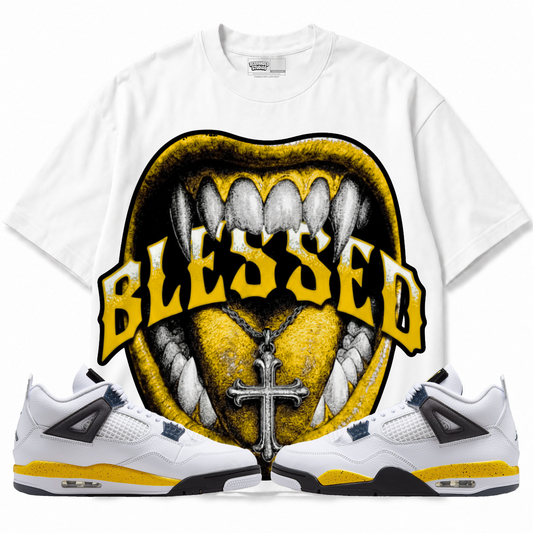 Blessed Air Jordan 4 Tour Yellow Graphic T-Shirt — white T-shirt front with matching sneakers