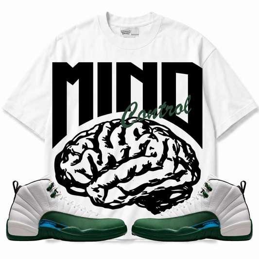 Mind Control Air Jordan 12 Bucks Graphic T-Shirt — white T-shirt front with matching sneakers