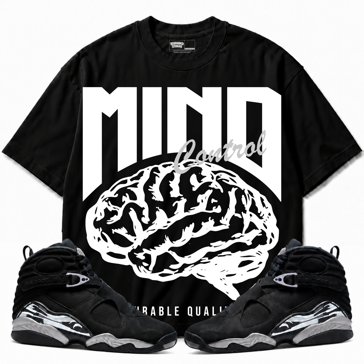 Mind Control Air Jordan 8 Chrome Graphic T-Shirt — black T-shirt front with matching sneakers