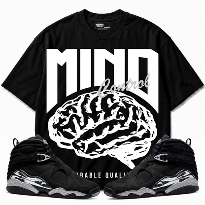 Mind Control Air Jordan 8 Chrome Graphic T-Shirt — black T-shirt front with matching sneakers