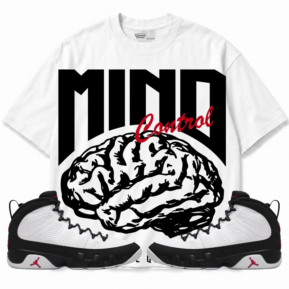 Mind Control Air Jordan 9 OG Space Jam Graphic T-Shirt — white T-shirt front with matching sneakers