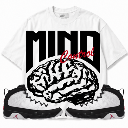 Mind Control Air Jordan 9 OG Space Jam Graphic T-Shirt — white T-shirt front with matching sneakers