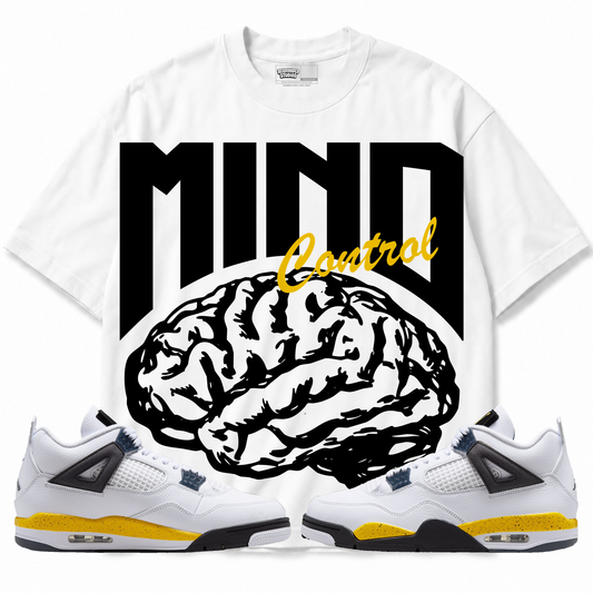Mind Control Air Jordan 4 Tour Yellow Graphic T-Shirt — white T-shirt front with matching sneakers
