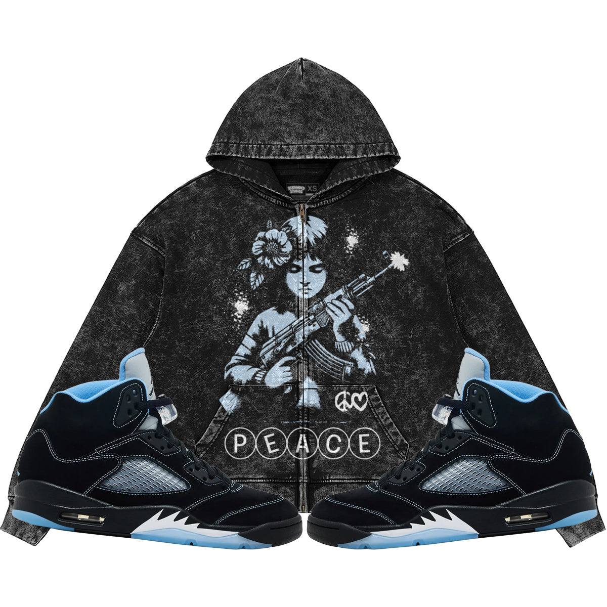 Peace (Air Jordan 5 Black Carolina UNC) 440GSM Heavyweight Vintage Snow Wash Zip Up Hoodie