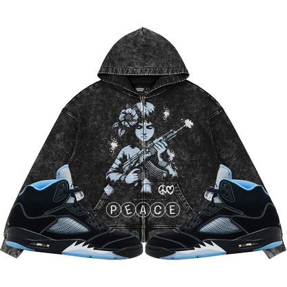 Peace (Air Jordan 5 Black Carolina UNC) 440GSM Heavyweight Vintage Snow Wash Zip Up Hoodie