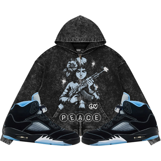 Peace (Air Jordan 5 Black Carolina UNC) 440GSM Heavyweight Vintage Snow Wash Zip Up Hoodie