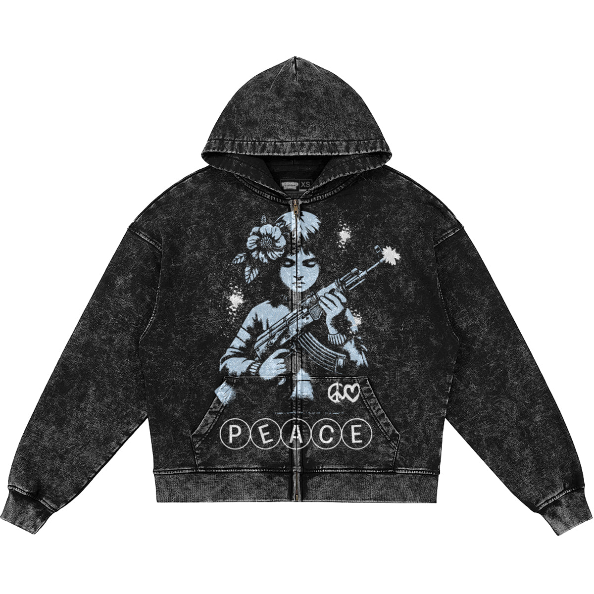 Peace (Air Jordan 5 Black Carolina UNC) 440GSM Heavyweight Vintage Snow Wash Zip Up Hoodie