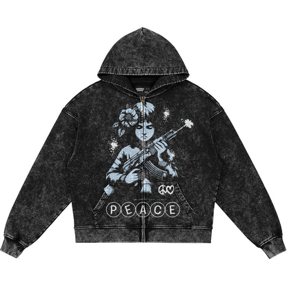 Peace (Air Jordan 5 Black Carolina UNC) 440GSM Heavyweight Vintage Snow Wash Zip Up Hoodie