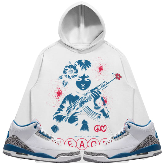 Peace (Air Jordan 3 True Blue) 380 GSM Brushed Fleece Drawstring Hoodie