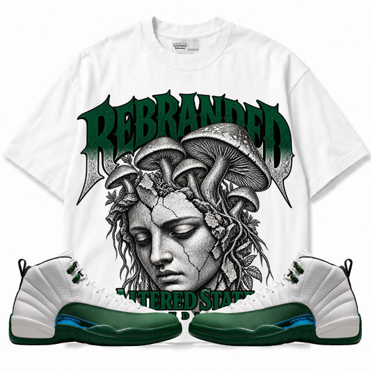 Rebranded Studios Altered State Air Jordan 12 Bucks Graphic T-Shirt — corrected artwork, front with matching sneakers