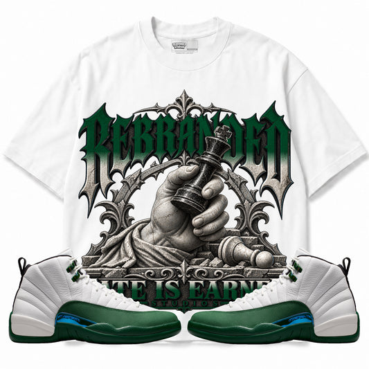 Rebranded Studios Fate Is Earned Air Jordan 12 Bucks Graphic T-Shirt — corrected artwork, front with matching sneakers