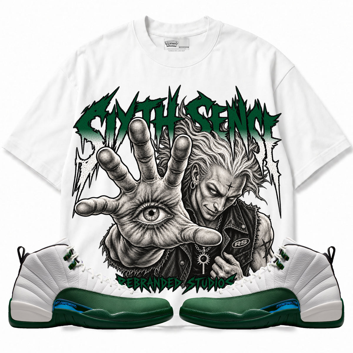 Rebranded Studios Sixth Sense Air Jordan 12 Bucks Graphic T-Shirt — corrected artwork, front with matching sneakers