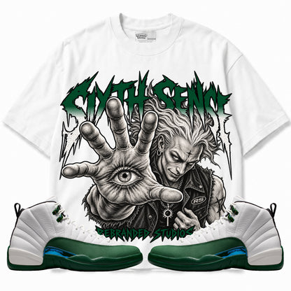 Rebranded Studios Sixth Sense Air Jordan 12 Bucks Graphic T-Shirt — corrected artwork, front with matching sneakers