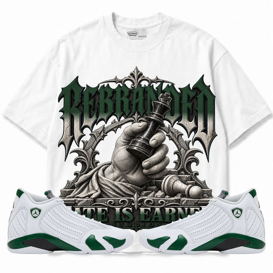 Rebranded Studios Fate Is Earned Air Jordan 14 Forest Green Graphic T-Shirt — corrected artwork, front with matching sneakers