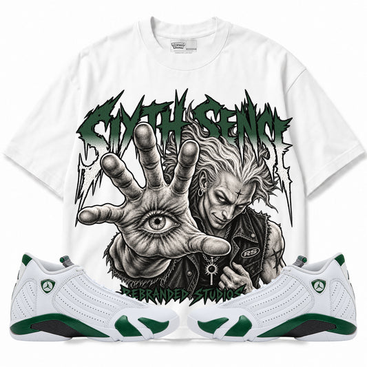 Rebranded Studios Sixth Sense Air Jordan 14 Forest Green Graphic T-Shirt — corrected artwork, front with matching sneakers