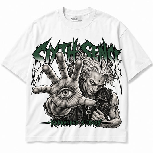 Rebranded Studios Sixth Sense Air Jordan 14 Forest Green Graphic T-Shirt — corrected artwork, garment front — alternate view