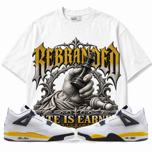 Rebranded Studios Fate Is Earned Air Jordan 4 Tour Yellow Graphic T-Shirt — corrected artwork, front with matching sneakers