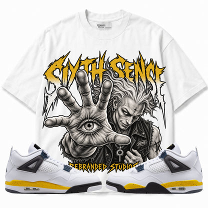 Rebranded Studios Sixth Sense Air Jordan 4 Tour Yellow Graphic T-Shirt — corrected artwork, front with matching sneakers