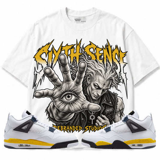 Rebranded Studios Sixth Sense Air Jordan 4 Tour Yellow Graphic T-Shirt — corrected artwork, front with matching sneakers