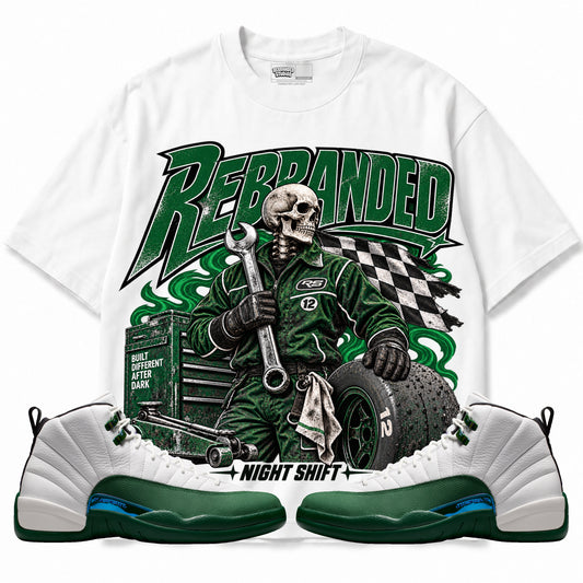 Rebranded Studios Night Shift Air Jordan 12 Bucks Graphic T-Shirt — front with sneakers
