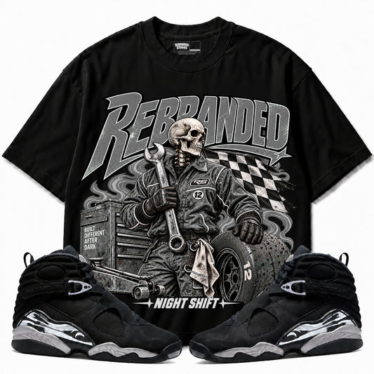 Rebranded Studios Night Shift Air Jordan 8 Chrome Graphic T-Shirt — front with sneakers